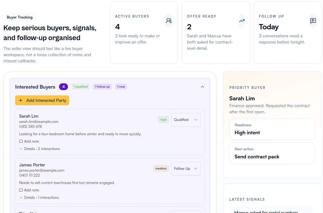 KeyHive seller workspace showing buyer conversations and follow-up