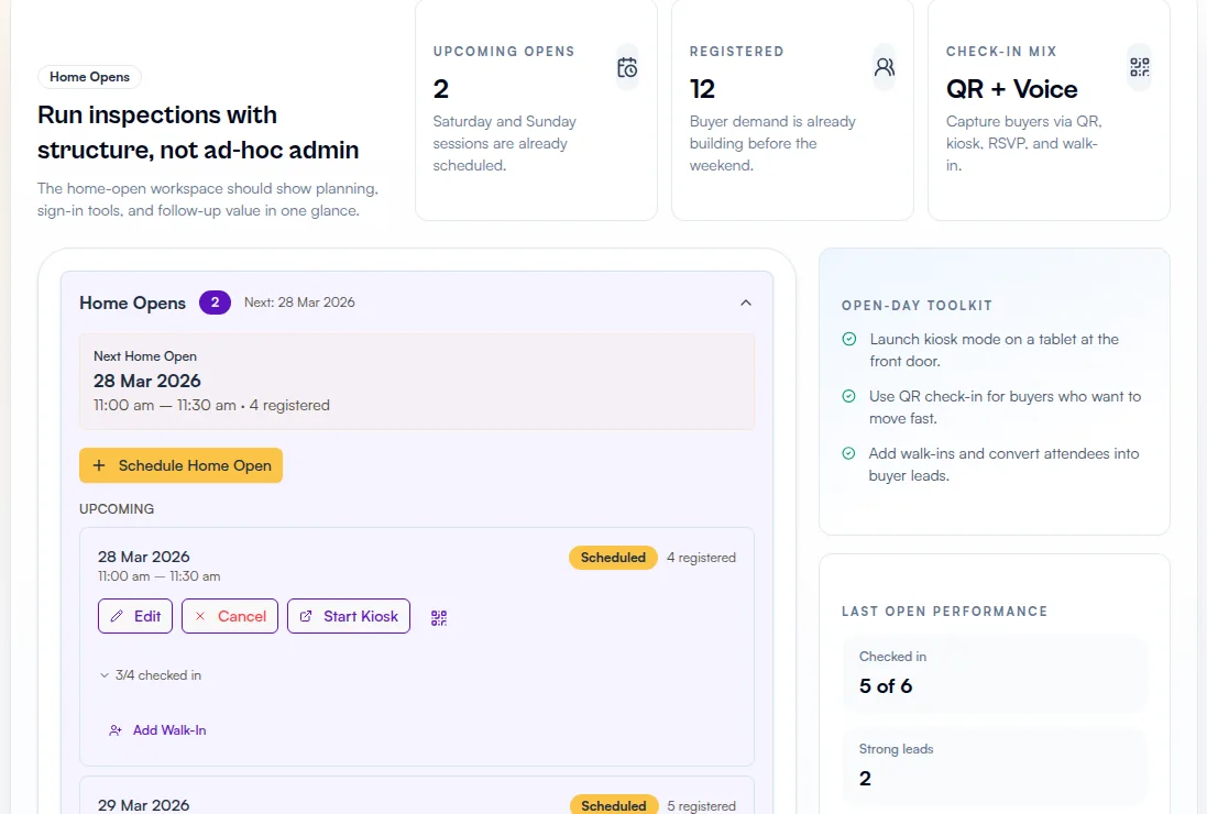 KeyHive seller workspace showing home open scheduling and check-in