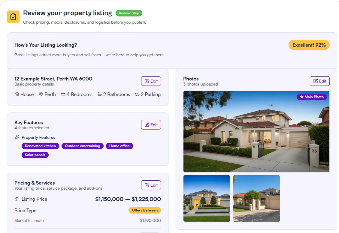 KeyHive listing review showing property details, photos, features and price