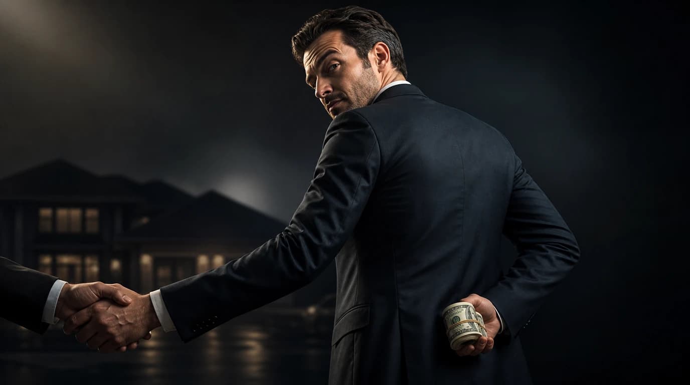 A buyer's agent shaking hands while hiding rolled cash behind his back