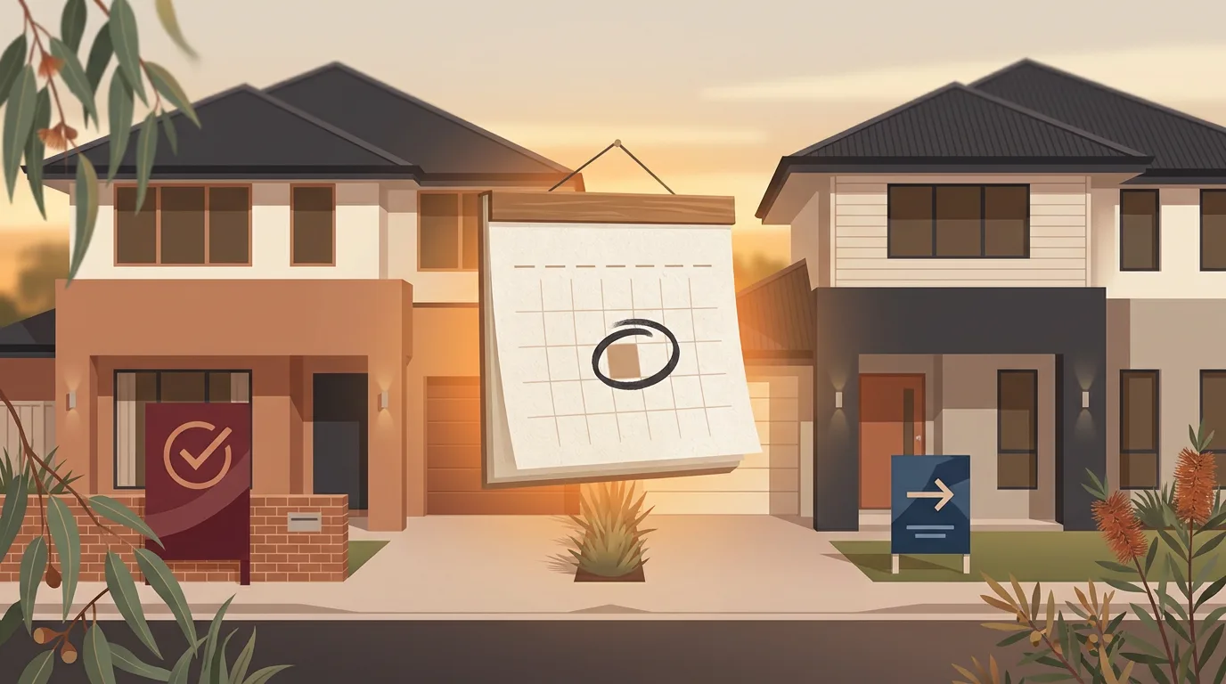 Two Perth homes side by side with a single calendar between them, marking one shared settlement date