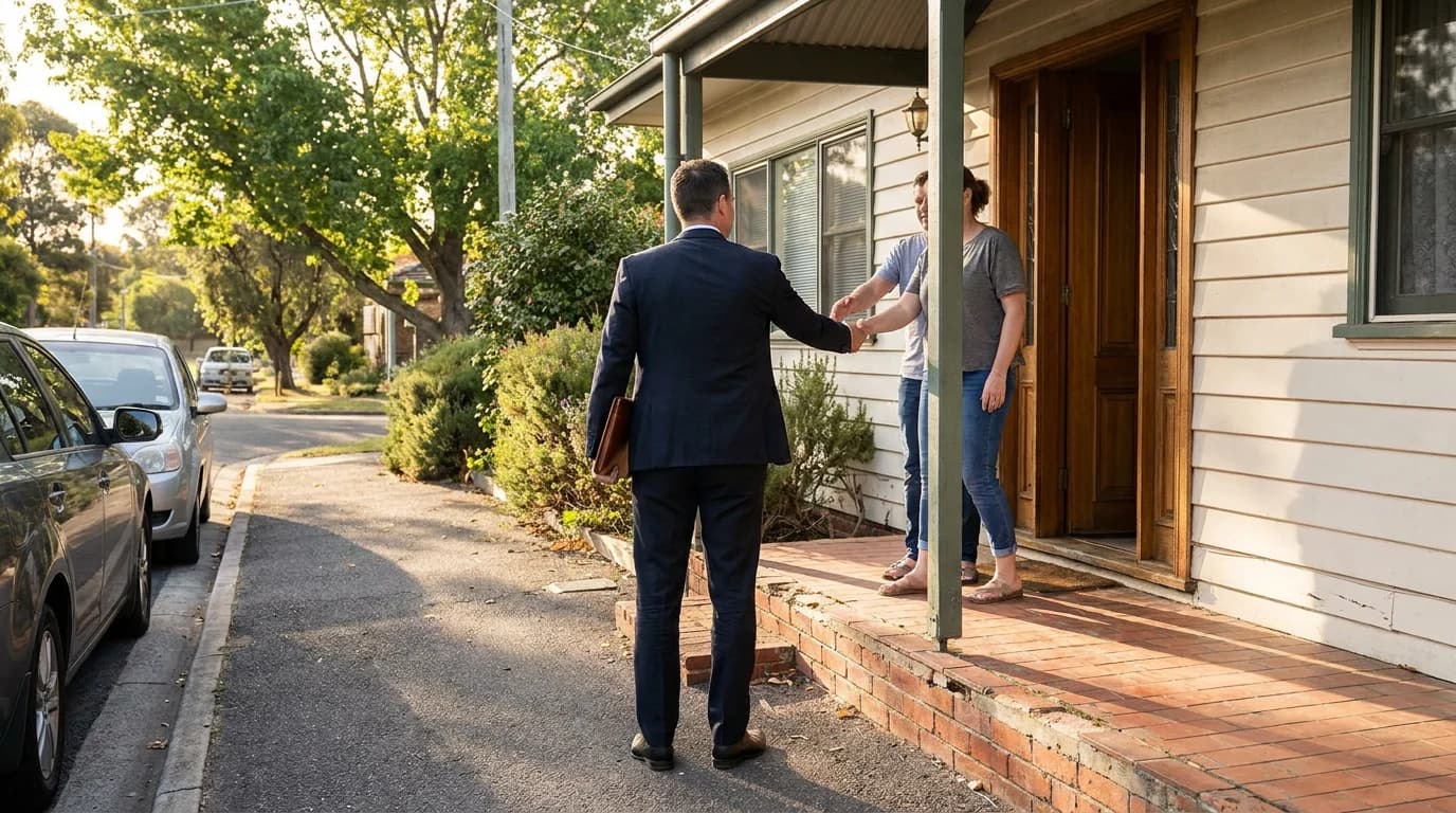 An agent arriving at a front door with an appraisal folder under one arm, greeted by the owners