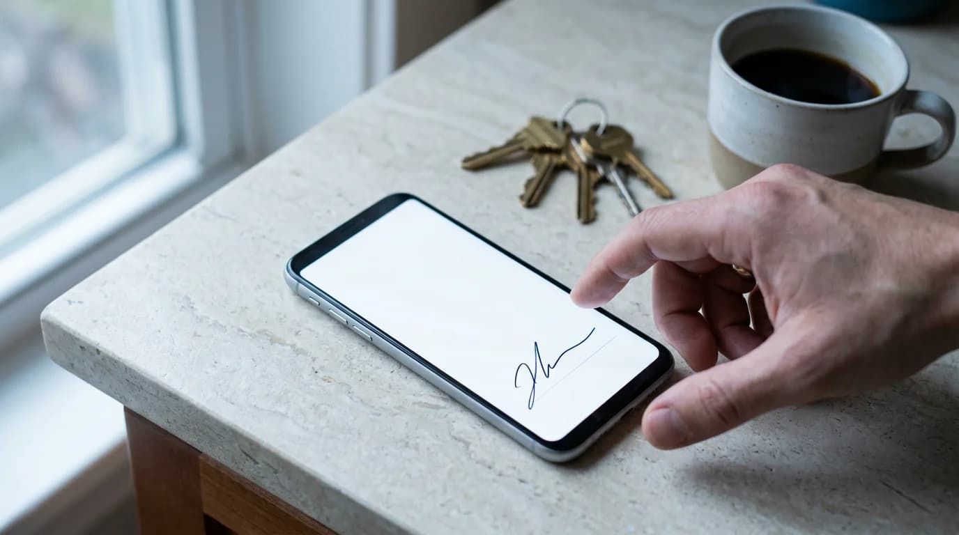 An agency agreement signed on a phone on the kitchen bench, a finger lifting away from the signature