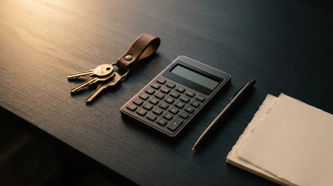 House keys, a calculator and a blank notepad on a dark desk, ready to work out what an agent will cost
