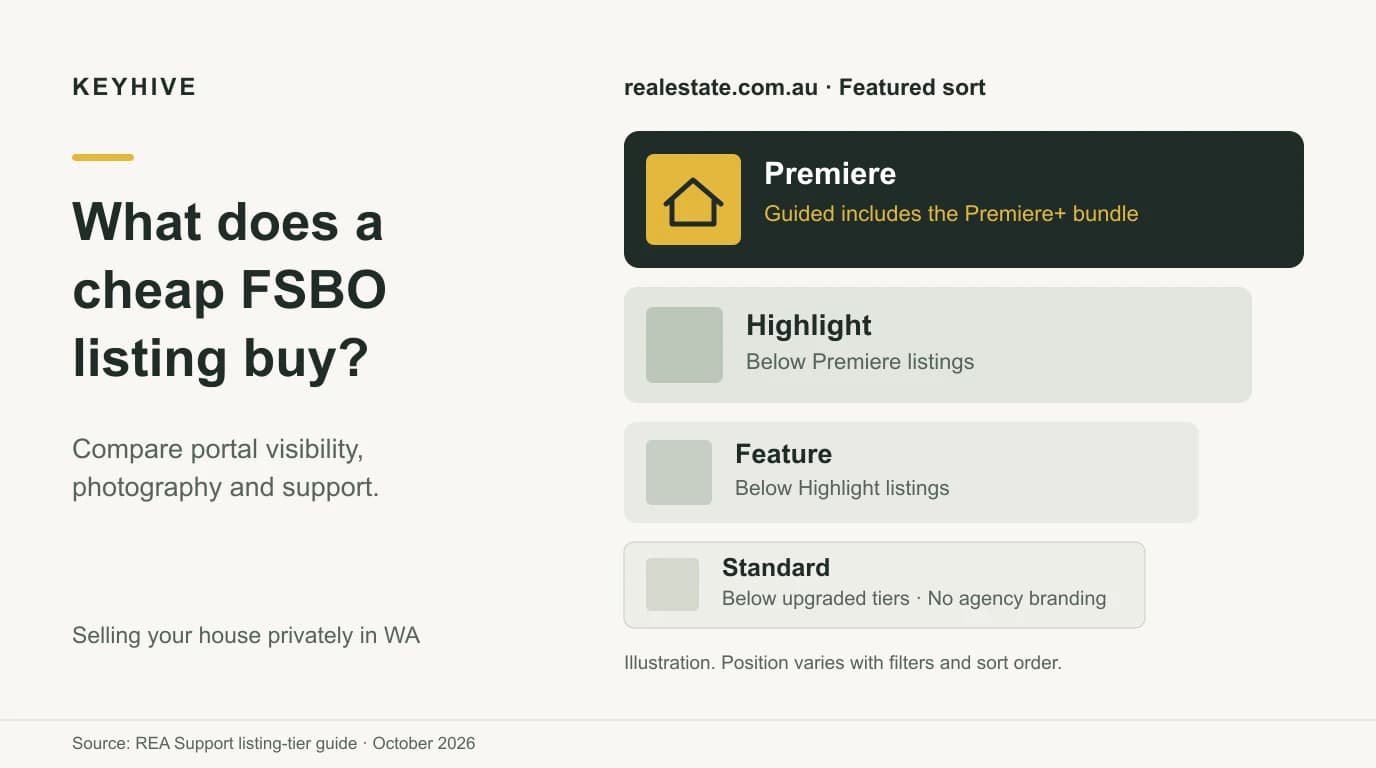 Illustration of realestate.com.au listing tiers in Featured search order: Premiere, Highlight, Feature, then Standard