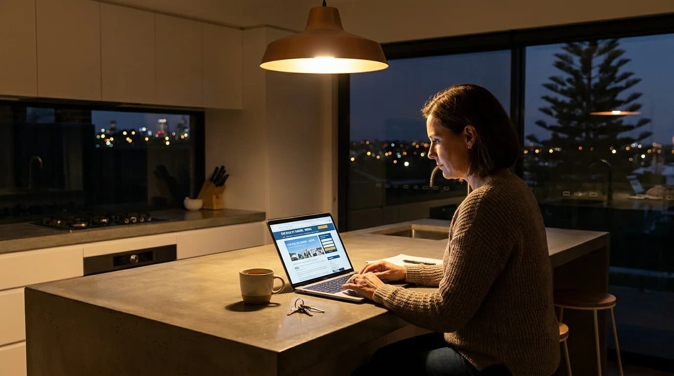 Perth homeowner researching how to sell privately at night, laptop open with house keys on the bench
