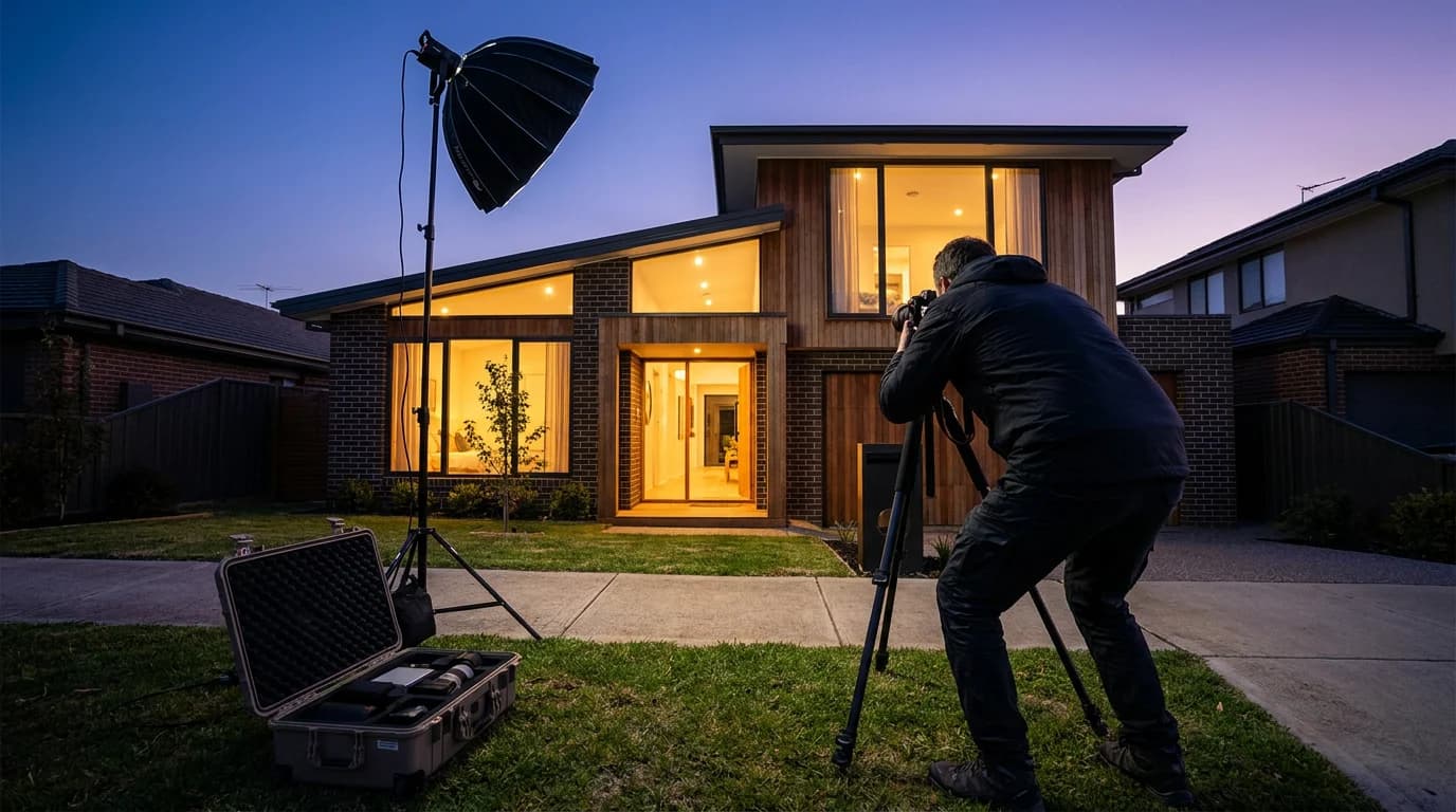 A real estate photographer lighting the front of a home at dusk, the work a vendor-paid advertising fee pays for