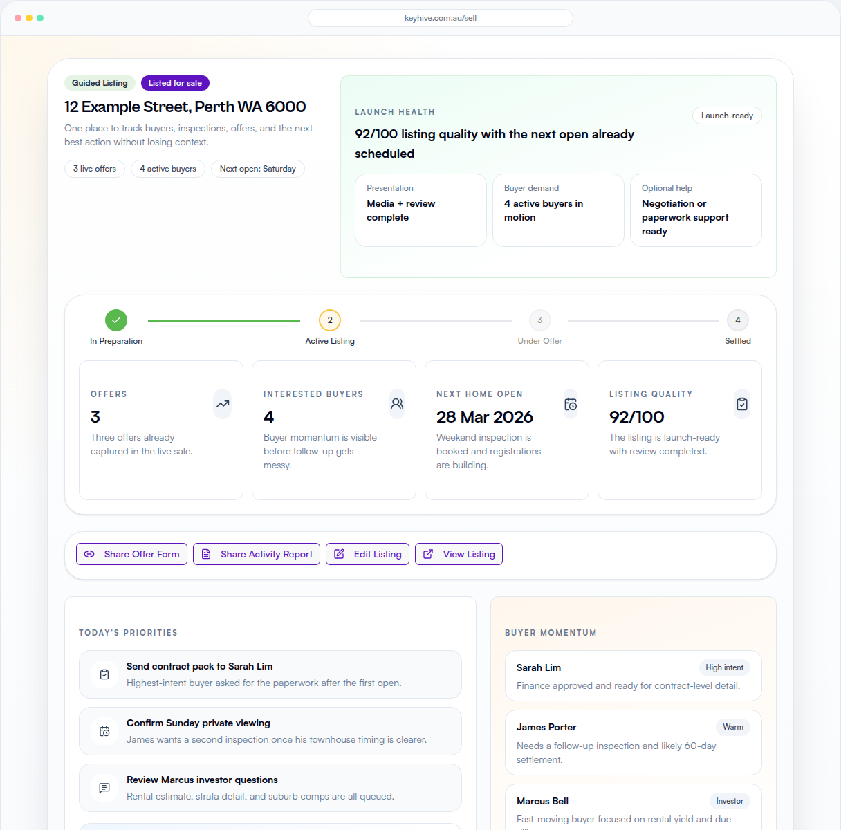 KeyHive For Sale by Owner seller view showing property details, pricing guidance, and offer management