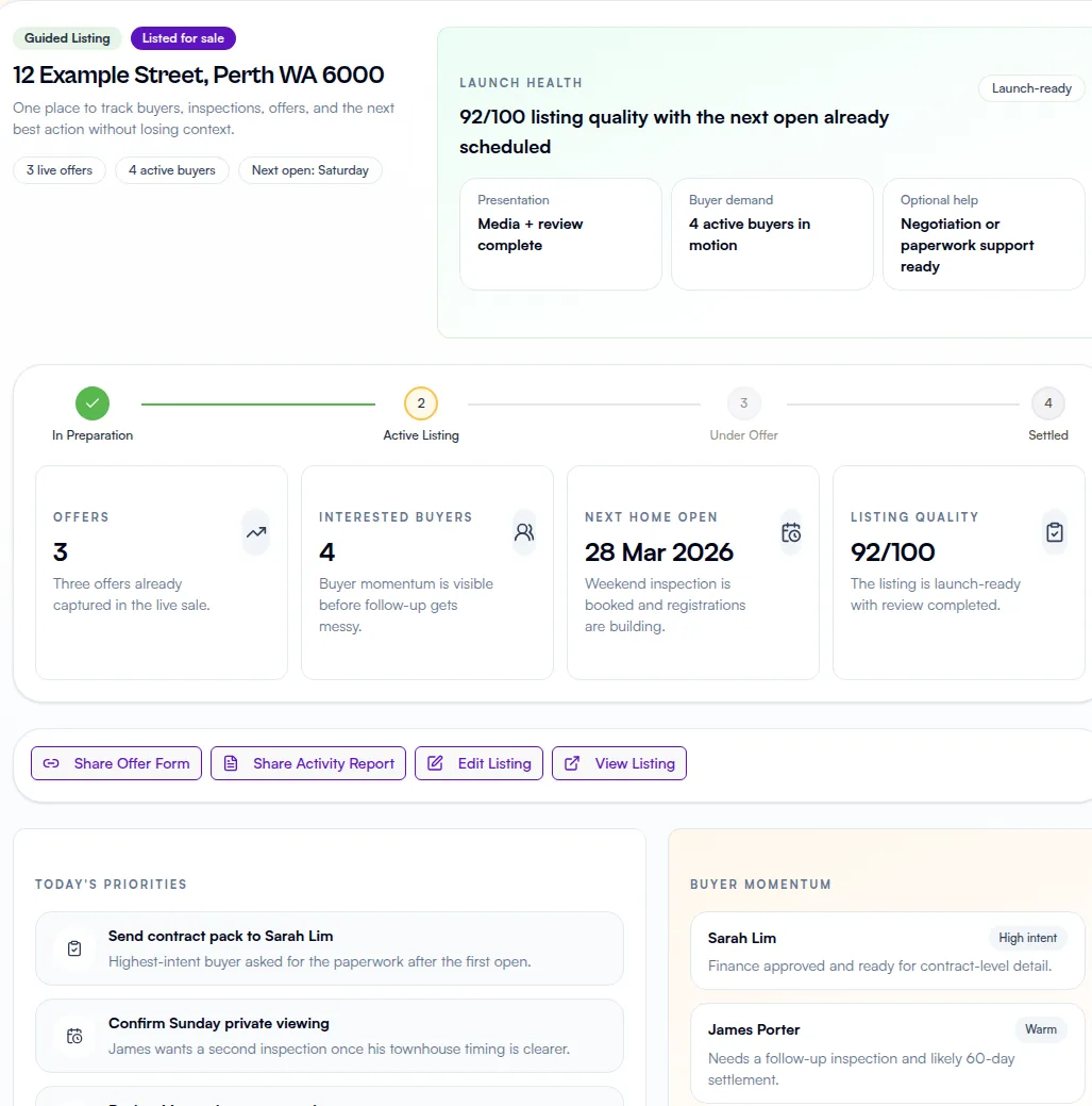 KeyHive seller dashboard showing live enquiries, offers, and home open results in real time