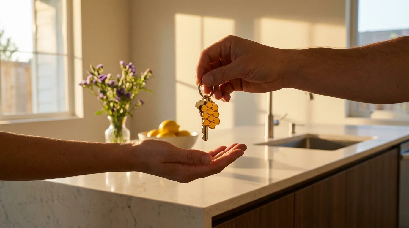 Property keys being handed over between seller and buyer across a modern kitchen counter