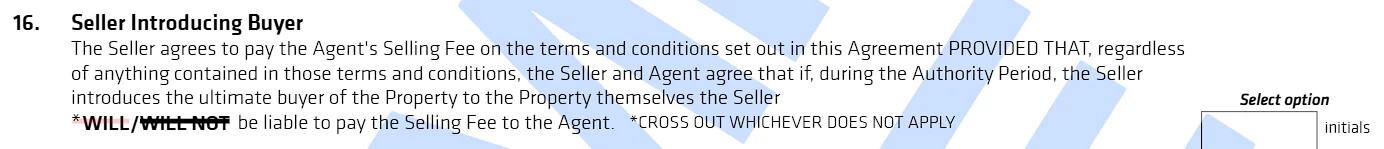 REIWA Form 109 Clause 16 showing the WILL/WILL NOT checkbox that determines if commission is payable when the seller finds their own buyer