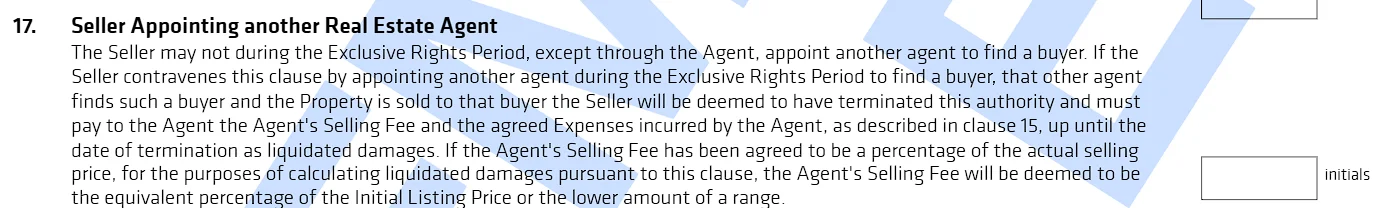 REIWA Form 109 Clause 17 showing how appointing a second agent during the exclusive period triggers liability for both fees