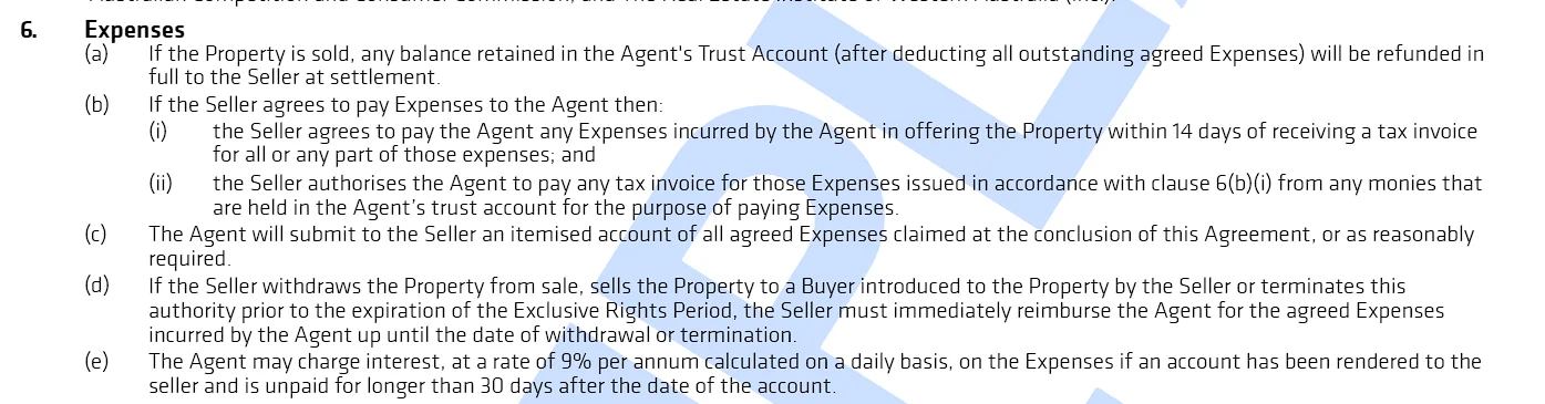 REIWA Form 109 Clause 6 showing trust account rules, 30-day invoice limit, and refund of unused funds