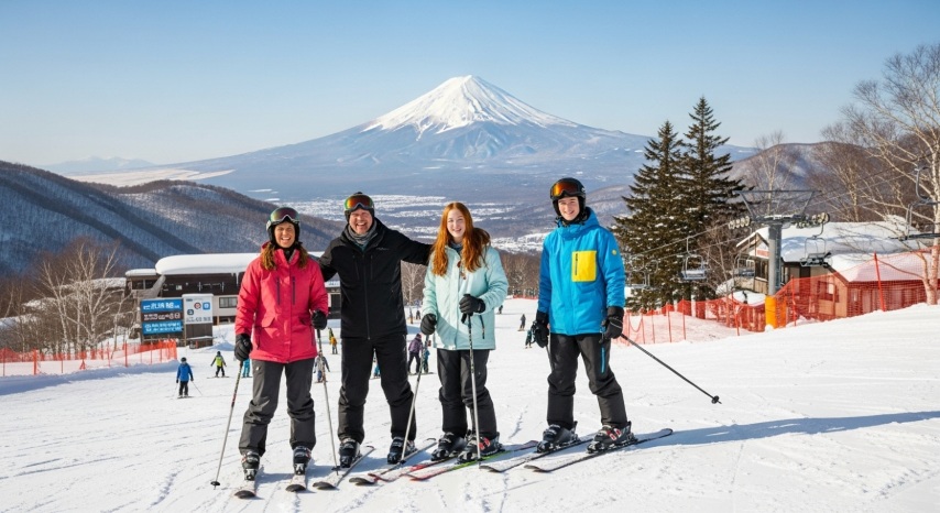 Family skiing together in Japan powder snow