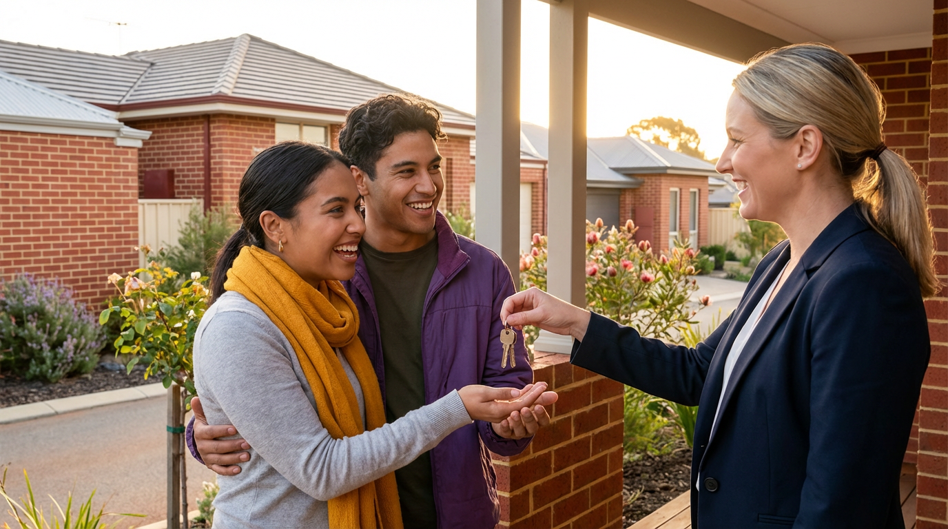 Happy couple receiving keys to their first home in Perth