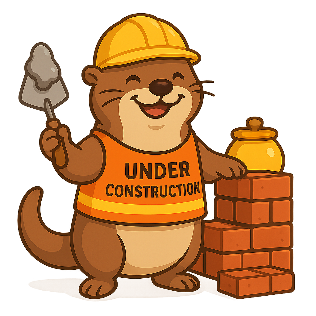 Cute otter in a construction hat building with bricks
